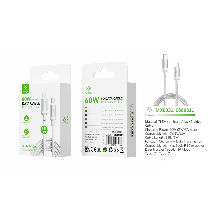Buy Woox MX0031 Type C to Type C Braided Data Cable, 60W 20V/3A Max, 6.6ft 2m, White