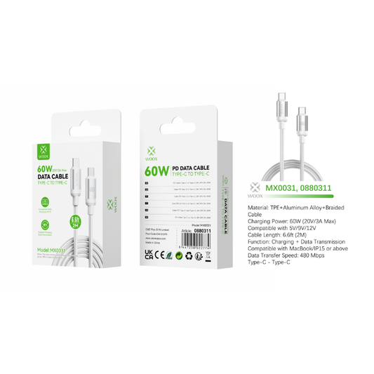 Buy Woox MX0031 Type C to Type C Braided Data Cable, 60W 20V/3A Max, 6.6ft 2m, White