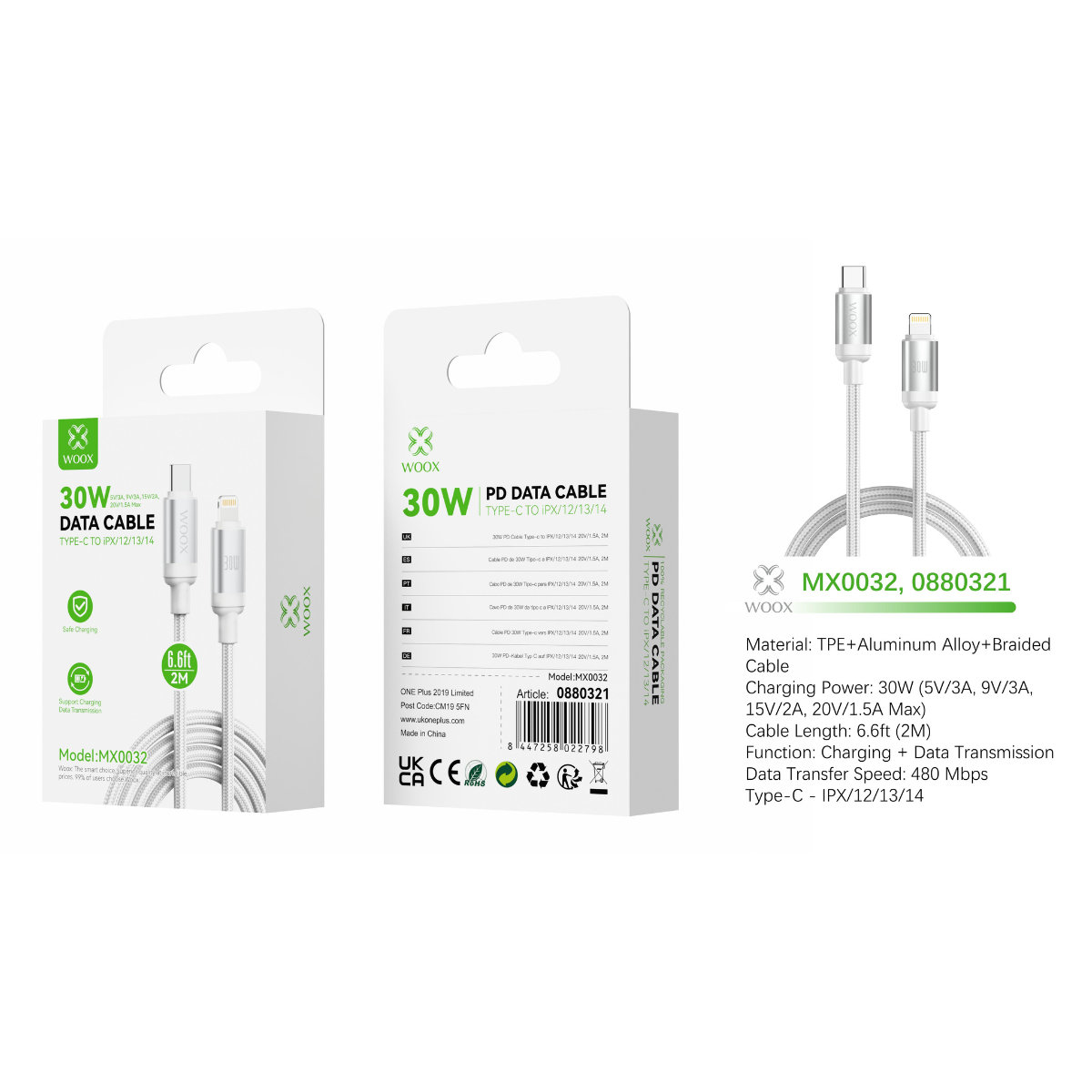 Buy Woox MX0032 Type C to Lightning Braided Data Cable, 30W - 5V/3A, 9V/3A, 15V/2A, 20V/1.5A Max, 6.6ft 2m, White