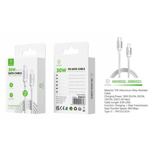 Buy Woox MX0032 Type C to Lightning Braided Data Cable, 30W - 5V/3A, 9V/3A, 15V/2A, 20V/1.5A Max, 6.6ft 2m, White