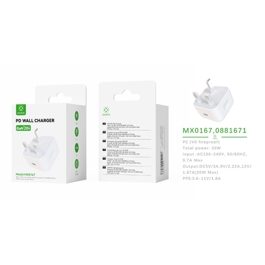 Buy Woox MX0167 UK Type-C 20W PD Wall Charger without Cable, 5V 3A, White