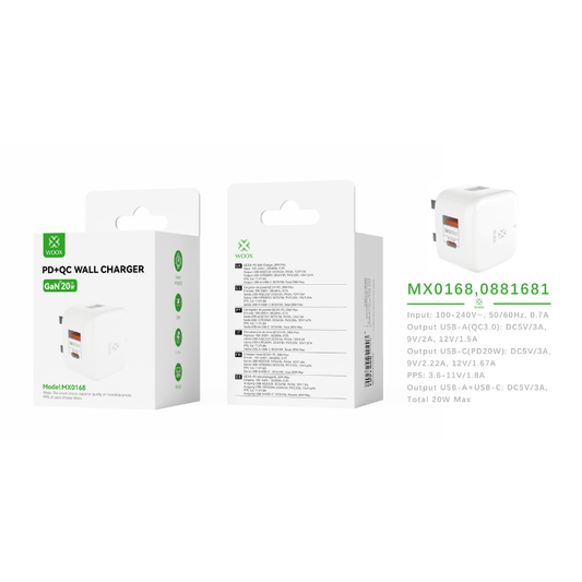 Buy Woox MX0168 UK Type-C 20W PD &amp; USB 3A QC Wall Charger without Cable, White