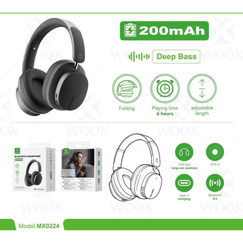 Buy WOOX MX0224 Pure Bluetooth Headphones, Deep Bass BT 5.4, Battery 200mAh, Charging Type-C, with no wrinkle ear cushion, Black