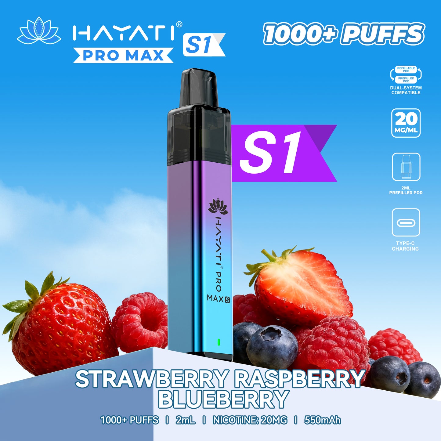 Buy Hayati Pro Max S1 Prefilled Vape Kit Box of 10 Strawberry Raspberry Blueberry