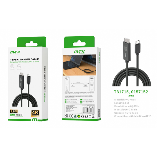 Buy TB1715 Type-C to HDMI Cable, Compatible with Apple, 4K@30HZ, 1.8m, Black