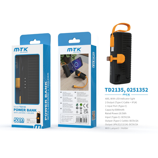 Buy TD2135 5000mAh Power Bank, 5V2A with cable and holder, Black