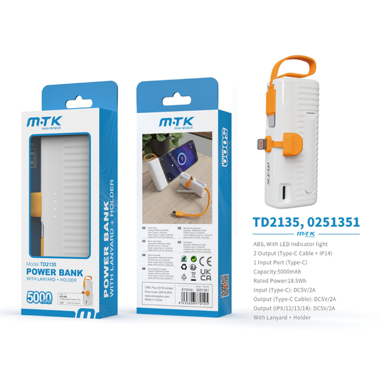 Buy TD2135 5000mAh Power Bank, 5V2A with cable and holder, White
