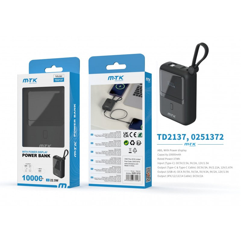 Buy TD2137 10000mAh Power Bank with cable, Black