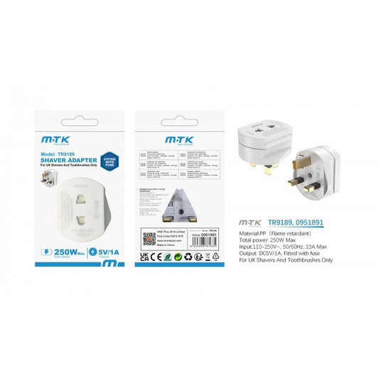 Buy TR9189 UK Toothbrush &amp; Shaving Adaptor Plug, 2 Pin to 3 Pin Electric Converter, 1A, White (Blister)