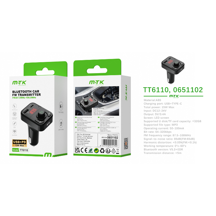 Buy TT6110 Bluetooth FM Transmitter, BT V5.3 with USB &amp; PD 3.1A, Black