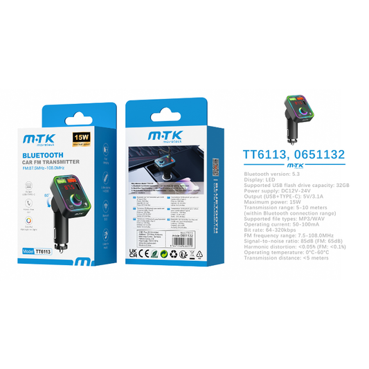 Buy TT6113 Bluetooth FM Transmitter, BT V5.3 with RGB Lights, Hands Free, Dual USB &amp; PD 15W, Black