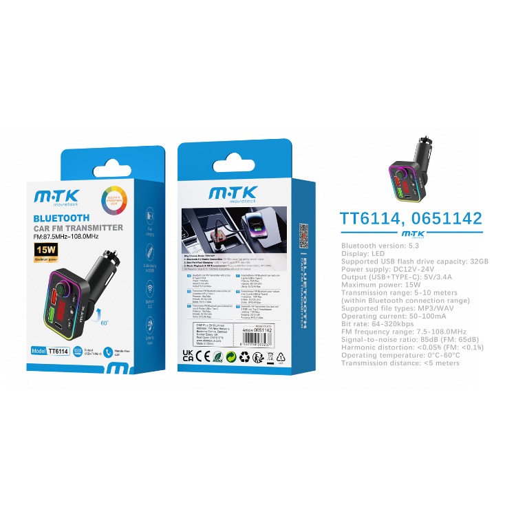 Buy TT6114 Bluetooth FM Transmitter, BT V5.3 with RGB Lights, Hands Free, Dual USB &amp; PD 15W, Black
