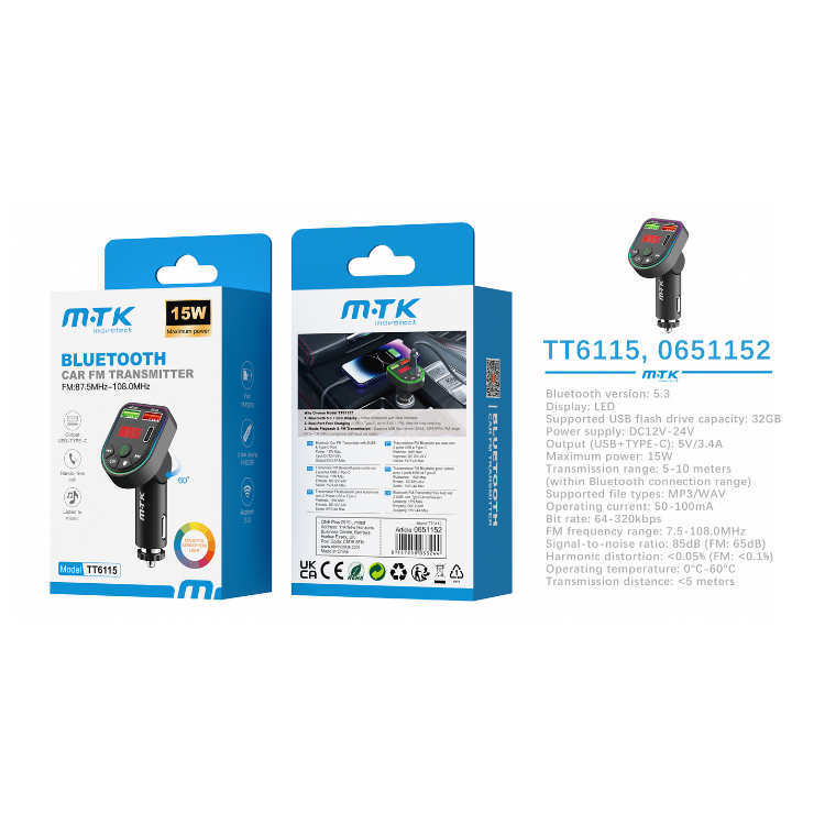 Buy TT6115 Bluetooth FM Transmitter, BT V5.3 with RGB Lights, Hands Free, Dual USB &amp; PD 15W, Black