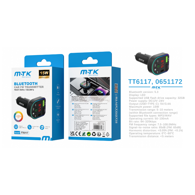 Buy TT6117 Bluetooth FM Transmitter, BT V5.3 with RGB Lights, Hands Free, Dual USB &amp; PD 15W, Black