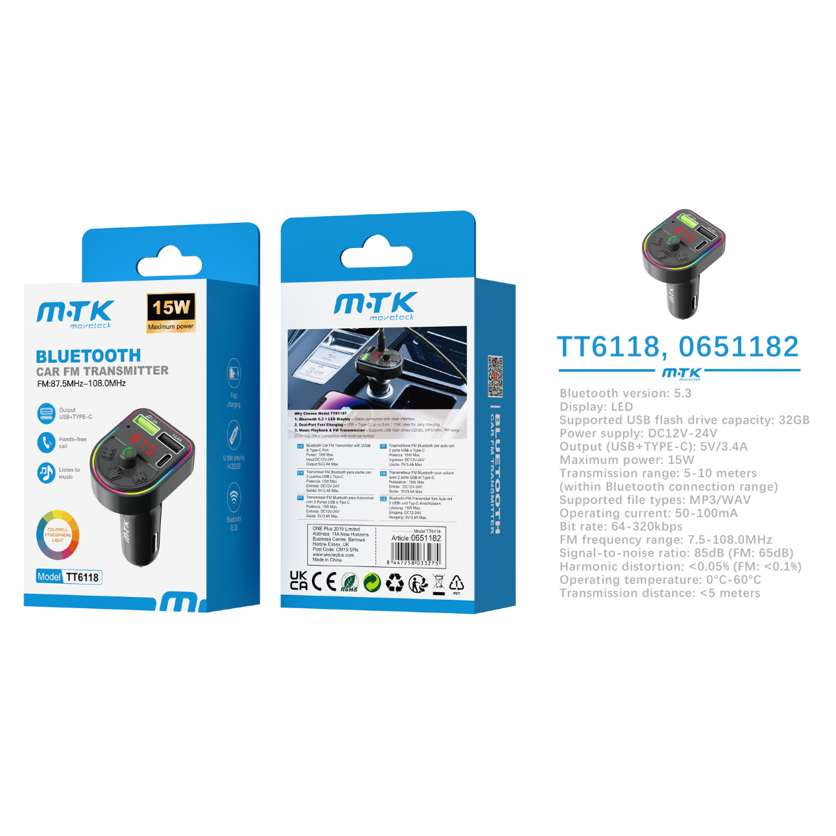 Buy TT6118 Bluetooth FM Transmitter, BT V5.3 with RGB Lights, Hands Free, Dual USB &amp; PD 15W, Black