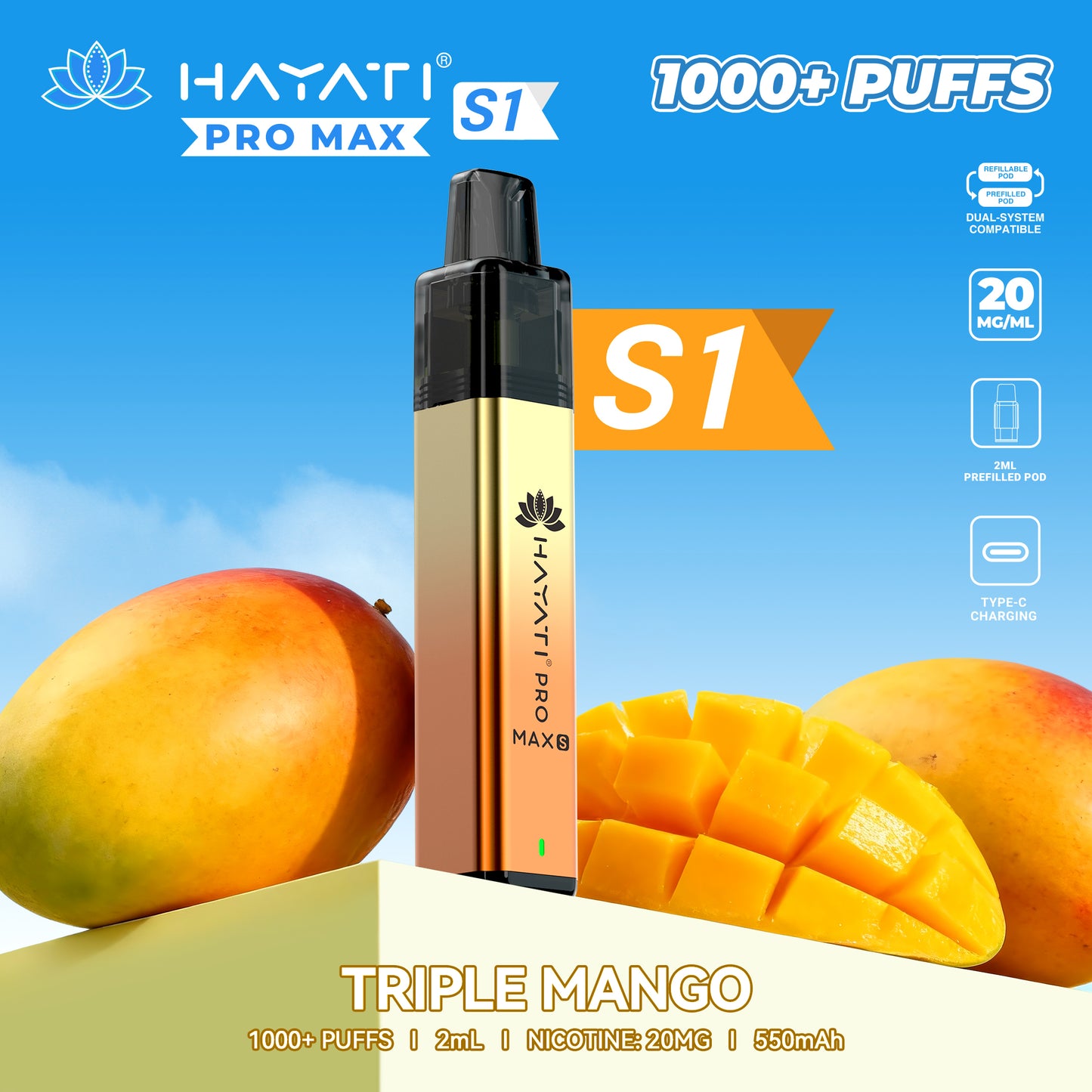 Buy Hayati Pro Max S1 Prefilled Vape Kit Box of 10 Triple Mango