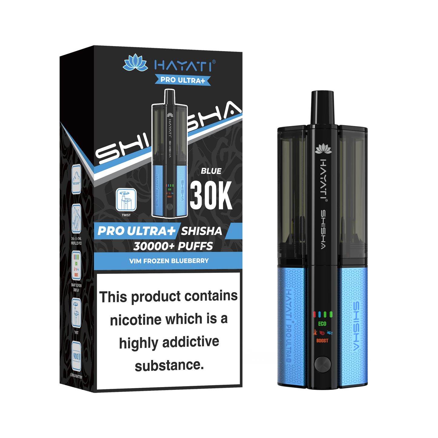 Buy Hayati Pro Ultra Plus Shisha 30k Vape Kit Box of 5 Vim Frozen Blueberry Vim Frozen Blueberry