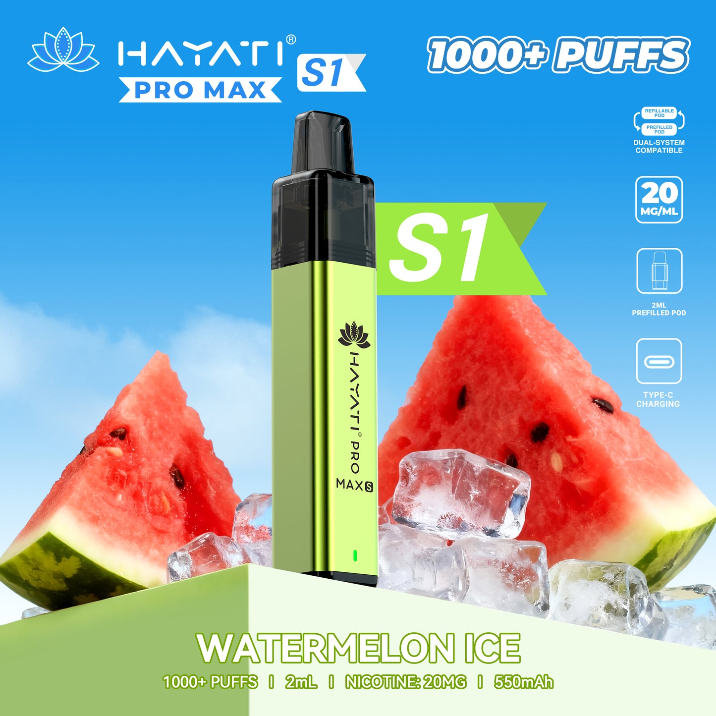 Buy Hayati Pro Max S1 Prefilled Vape Kit Box of 10 Watermelon Ice