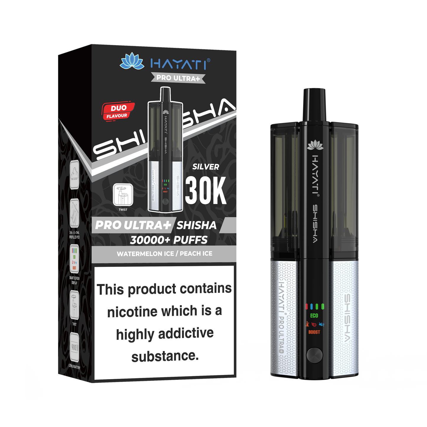 Buy Hayati Pro Ultra Plus Shisha 30k Vape Kit Box of 5 Watermelon Peach Ice