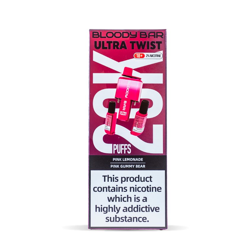 Buy Bloody Bar Ultra Twist 20000 Puffs Disposable Vape - Box of 5 Pink Lemonade Pink Gummy Bear