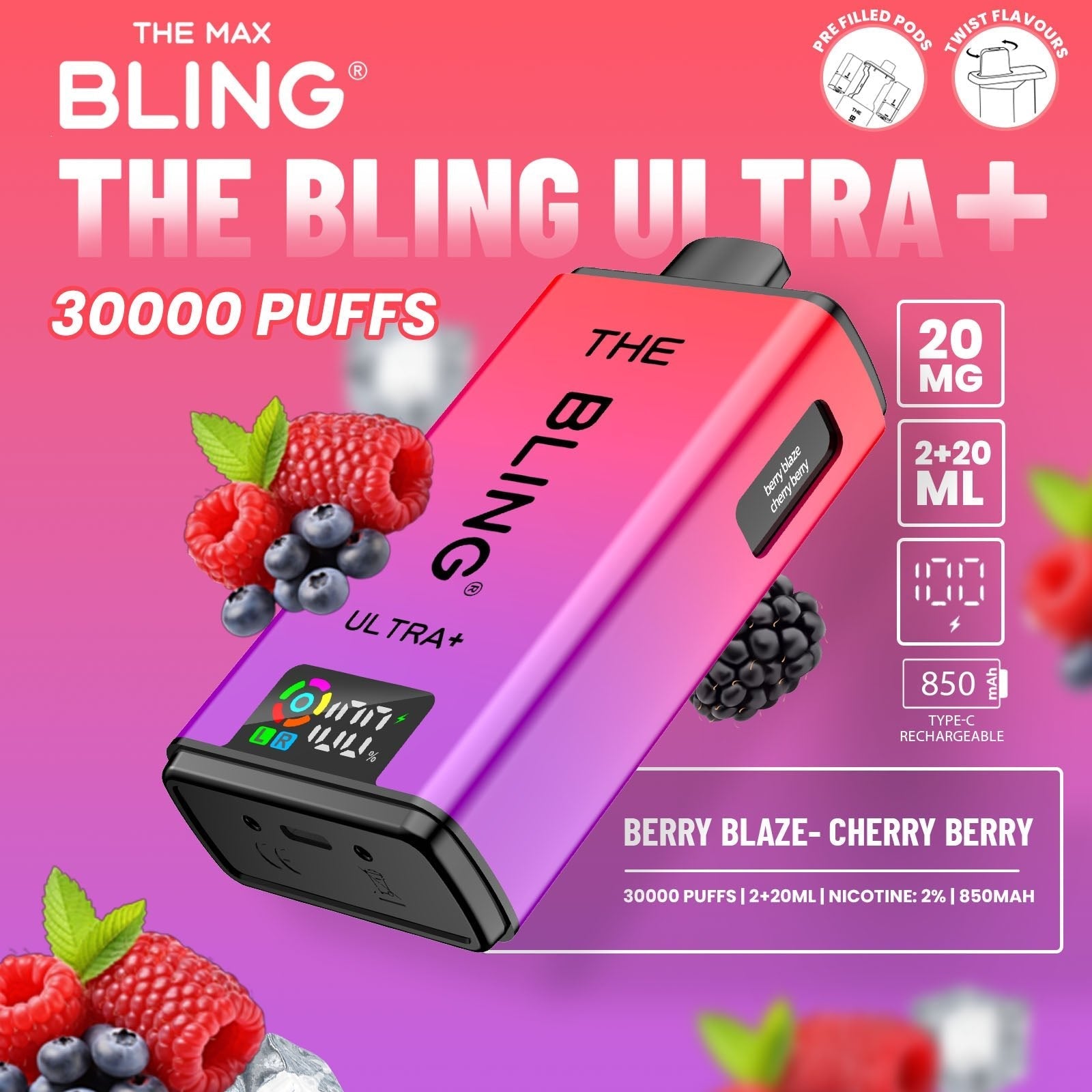 Buy The Bling Ultra Plus 30k Prefilled Vape Pod Kit Box of 5 Berry Blaze Cherry Berry