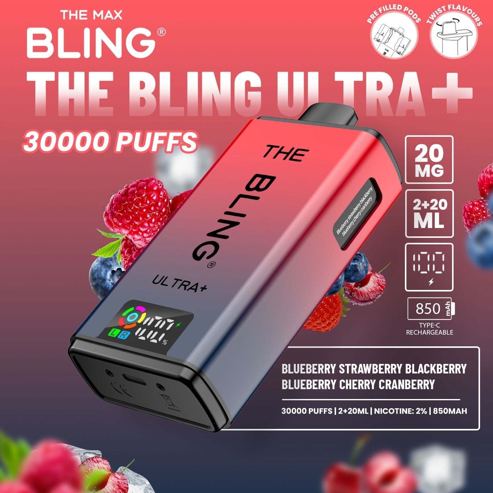 Buy The Bling Ultra Plus 30k Prefilled Vape Pod Kit Box of 5 Blueberry Strawberry Blackberry Blueberry Cherry Cranberry