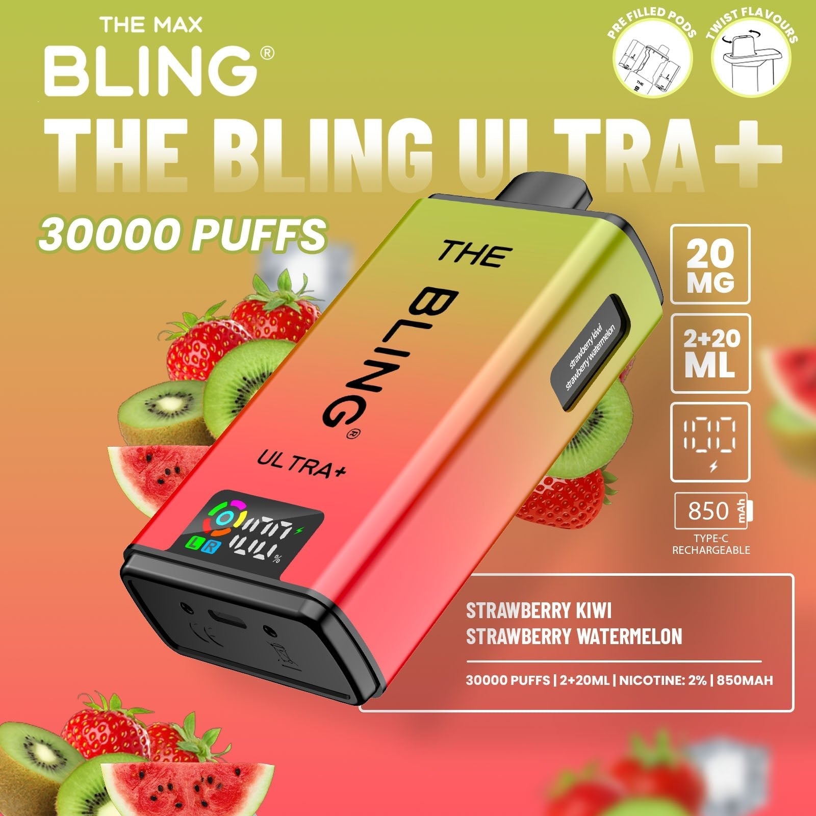Buy The Bling Ultra Plus 30k Prefilled Vape Pod Kit Box of 5 Strawberry Kiwi Strawberry Watermelon