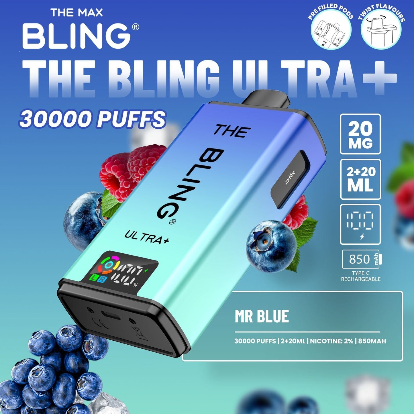 Buy The Bling Ultra Plus 30k Prefilled Vape Pod Kit Box of 5 Mr Blue