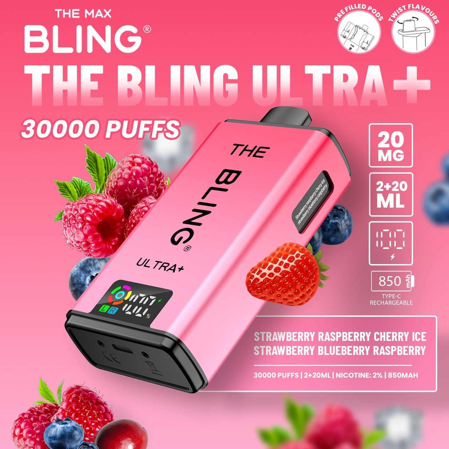 Buy The Bling Ultra Plus 30k Prefilled Vape Pod Kit Box of 5 Strawberry Raspberry Cherry Ice Strawberry Blueberry Raspberry