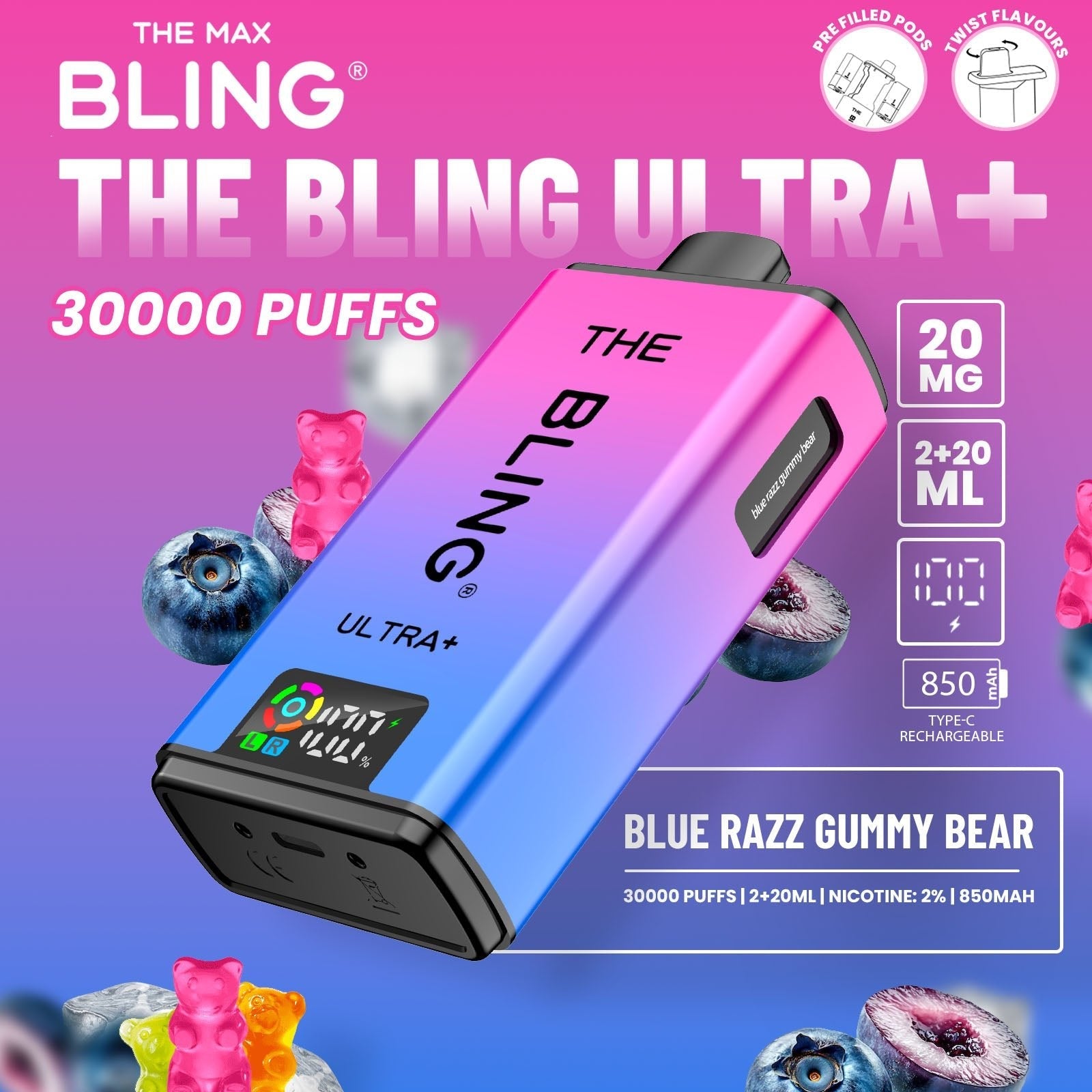 Buy The Bling Ultra Plus 30k Prefilled Vape Pod Kit Box of 5 Blue Razz Gummy Bear