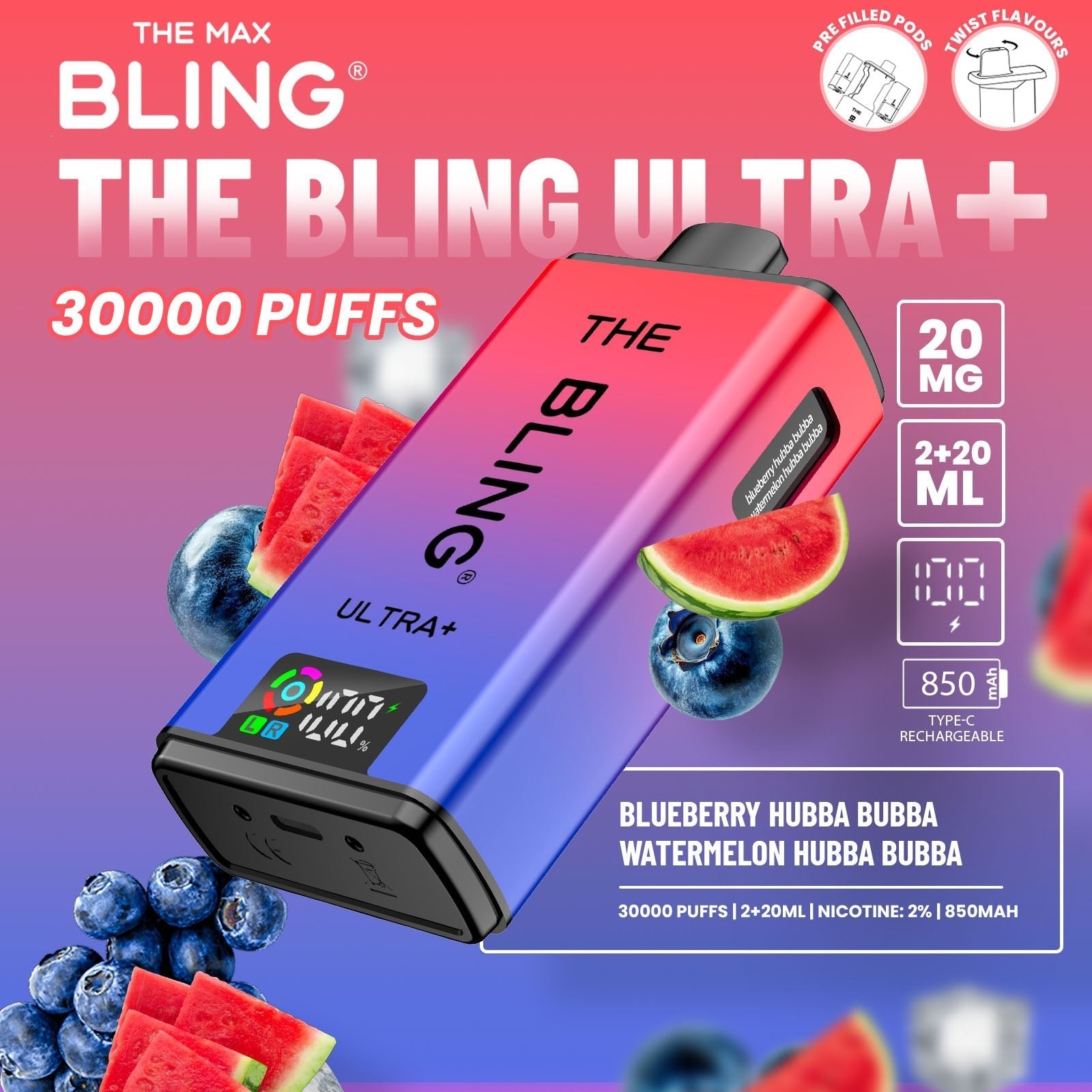 Buy The Bling Ultra Plus 30k Prefilled Vape Pod Kit Box of 5 Blueberry Hubba Bubba Watermelon Hubba Bubba