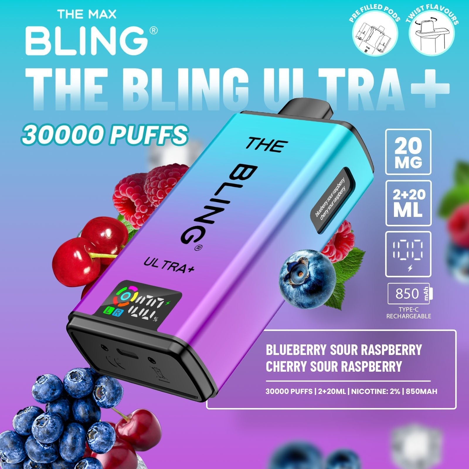 Buy The Bling Ultra Plus 30k Prefilled Vape Pod Kit Box of 5 Blueberry Sour Raspberry Cherry Sour Raspberry