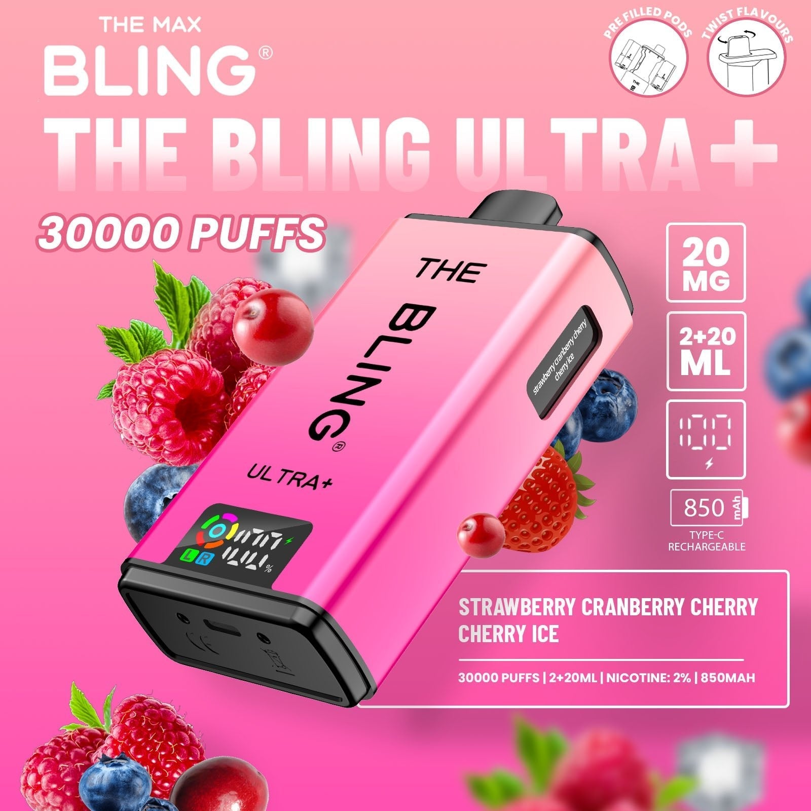 Buy The Bling Ultra Plus 30k Prefilled Vape Pod Kit Box of 5 Strawberry Cranberry Cherry Cherry Ice