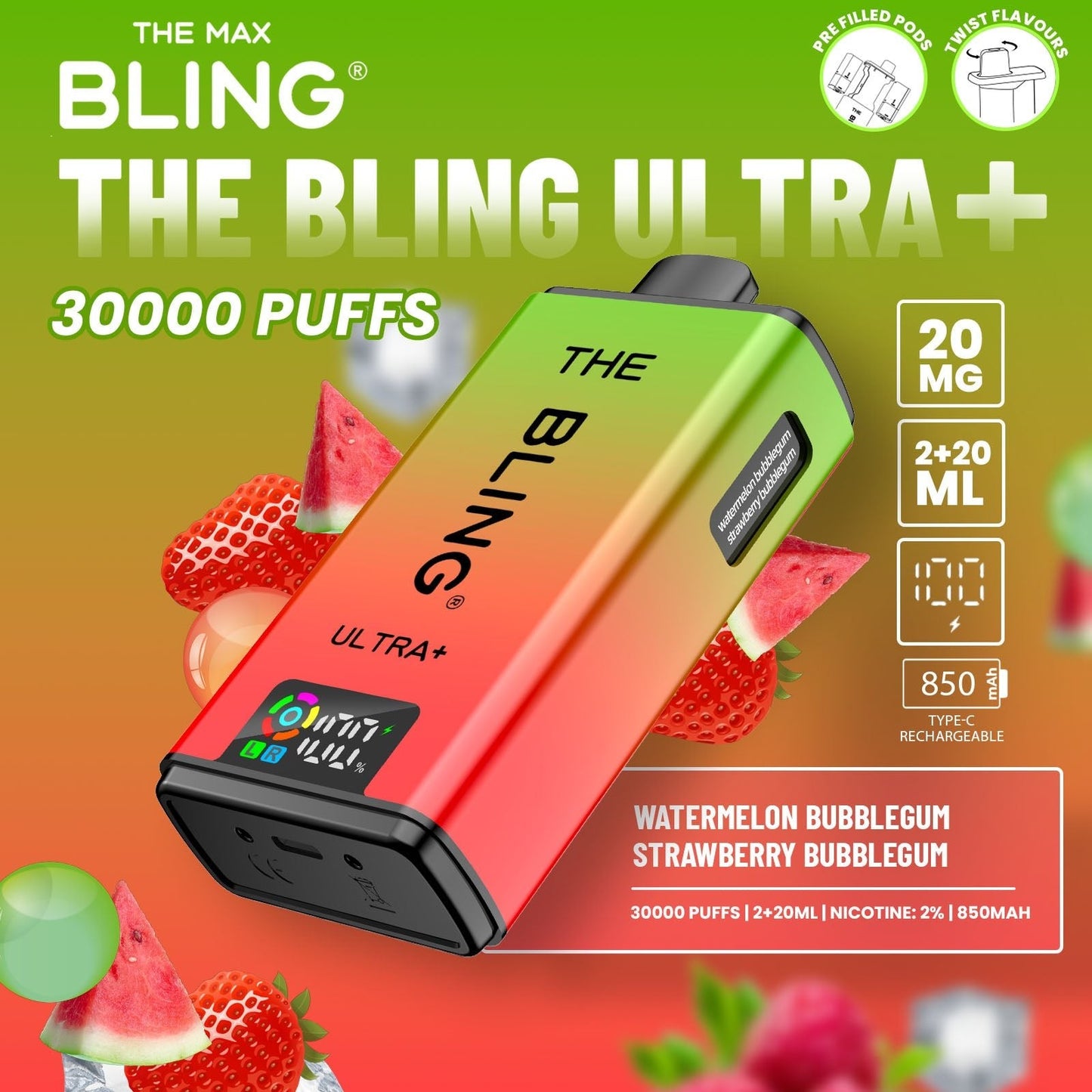 Buy The Bling Ultra Plus 30k Prefilled Vape Pod Kit Box of 5 Watermelon Bubblegum Strawberry Bubblegum