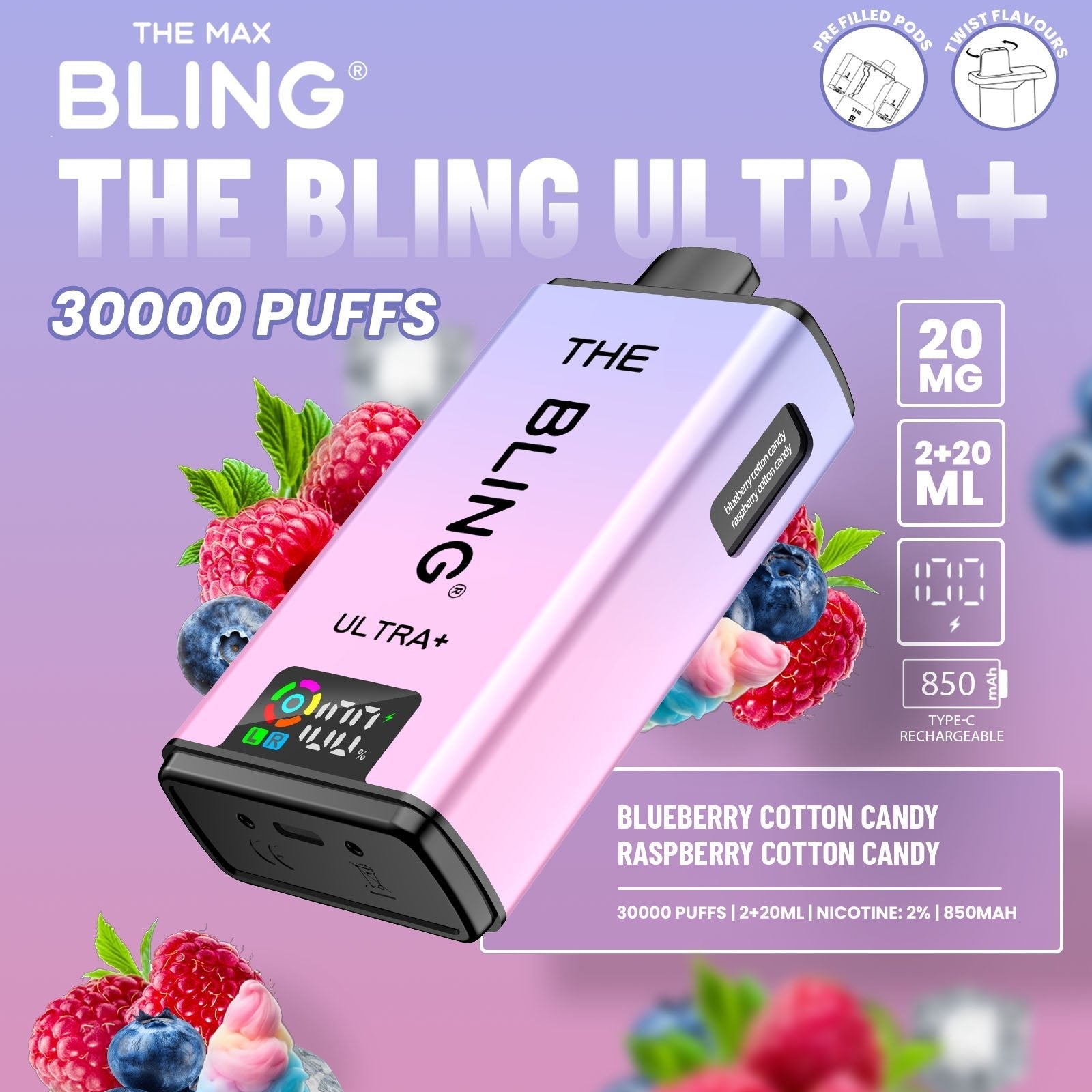 Buy The Bling Ultra Plus 30k Prefilled Vape Pod Kit Box of 5 Blueberry Cotton Candy Raspberry Cotton Candy