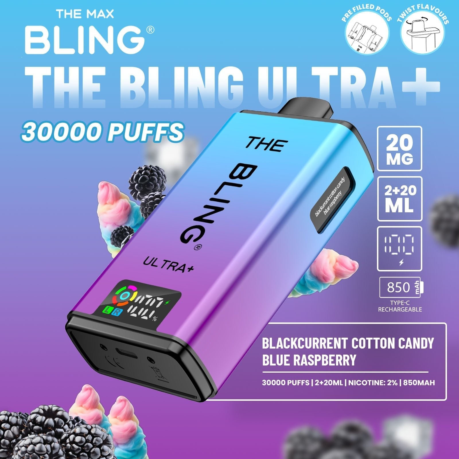 Buy The Bling Ultra Plus 30k Prefilled Vape Pod Kit Box of 5 Blackcurrant Cotton Candy Blue Raspberry