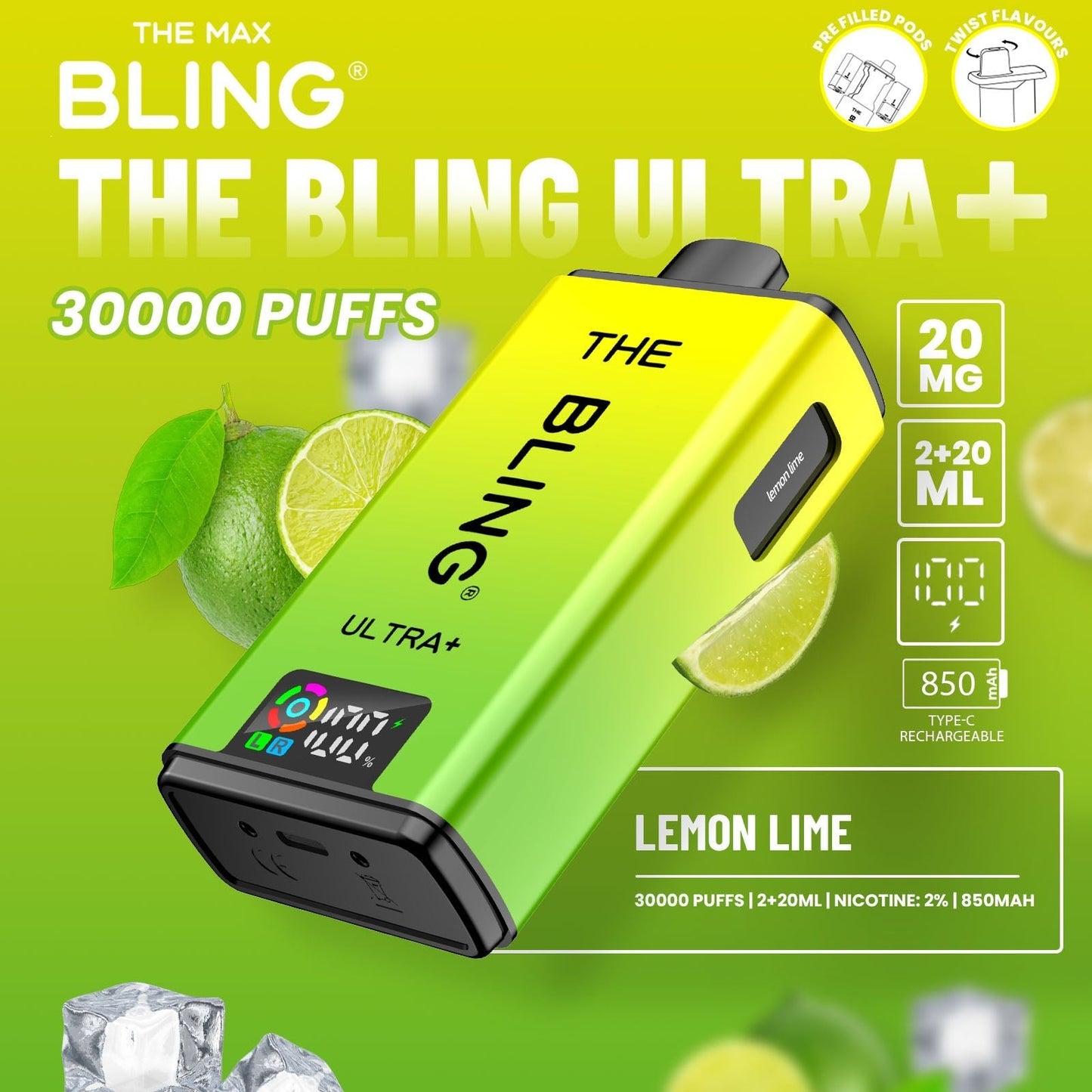 Buy The Bling Ultra Plus 30k Prefilled Vape Pod Kit Box of 5 Lemon Lime