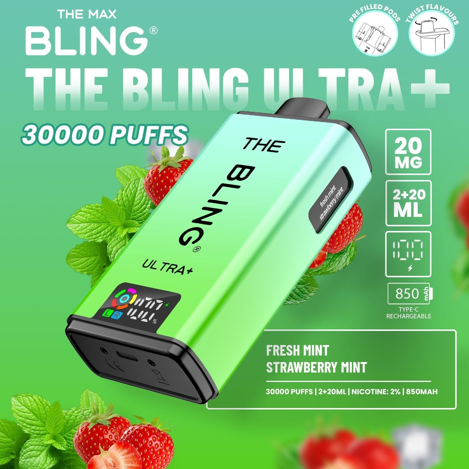 Buy The Bling Ultra Plus 30k Prefilled Vape Pod Kit Box of 5 Fresh Mint Strawberry Mint