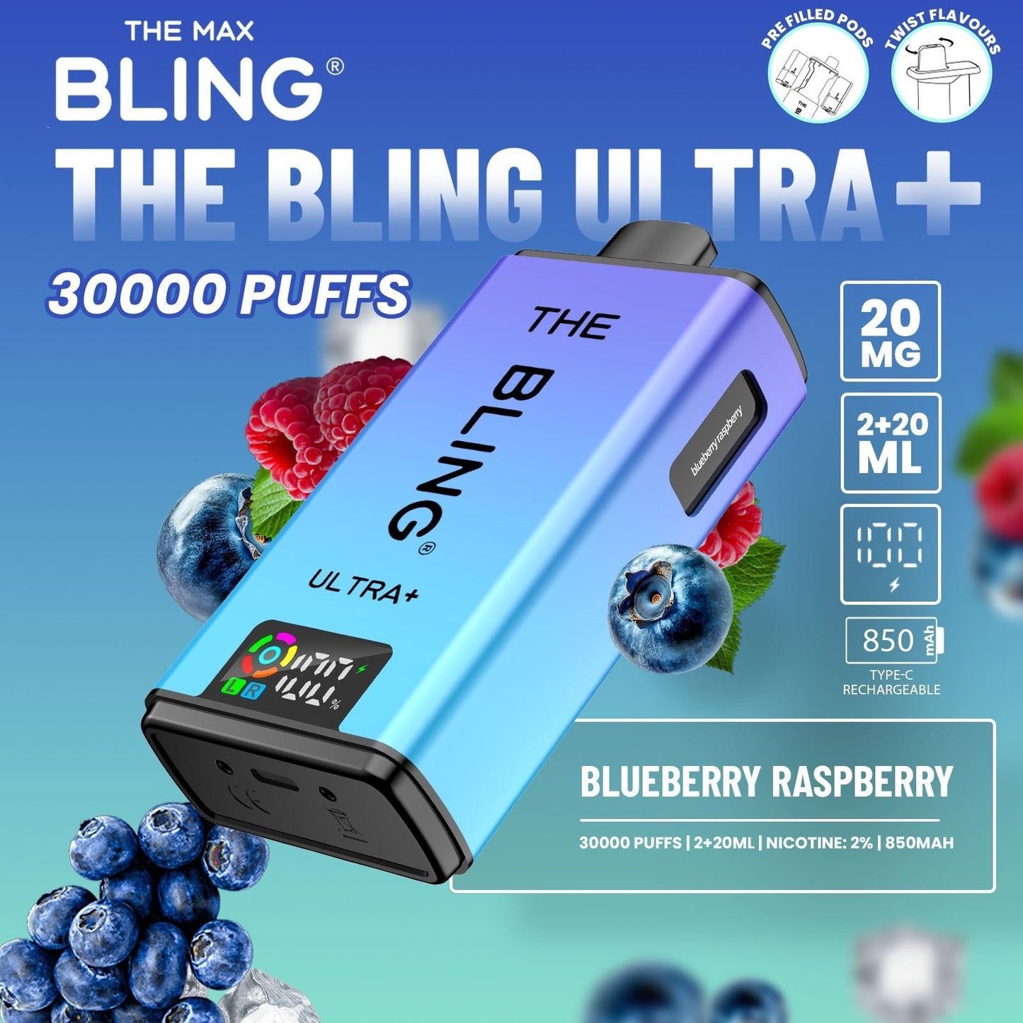Buy The Bling Ultra Plus 30k Prefilled Vape Pod Kit Box of 5 Blueberry Raspberry