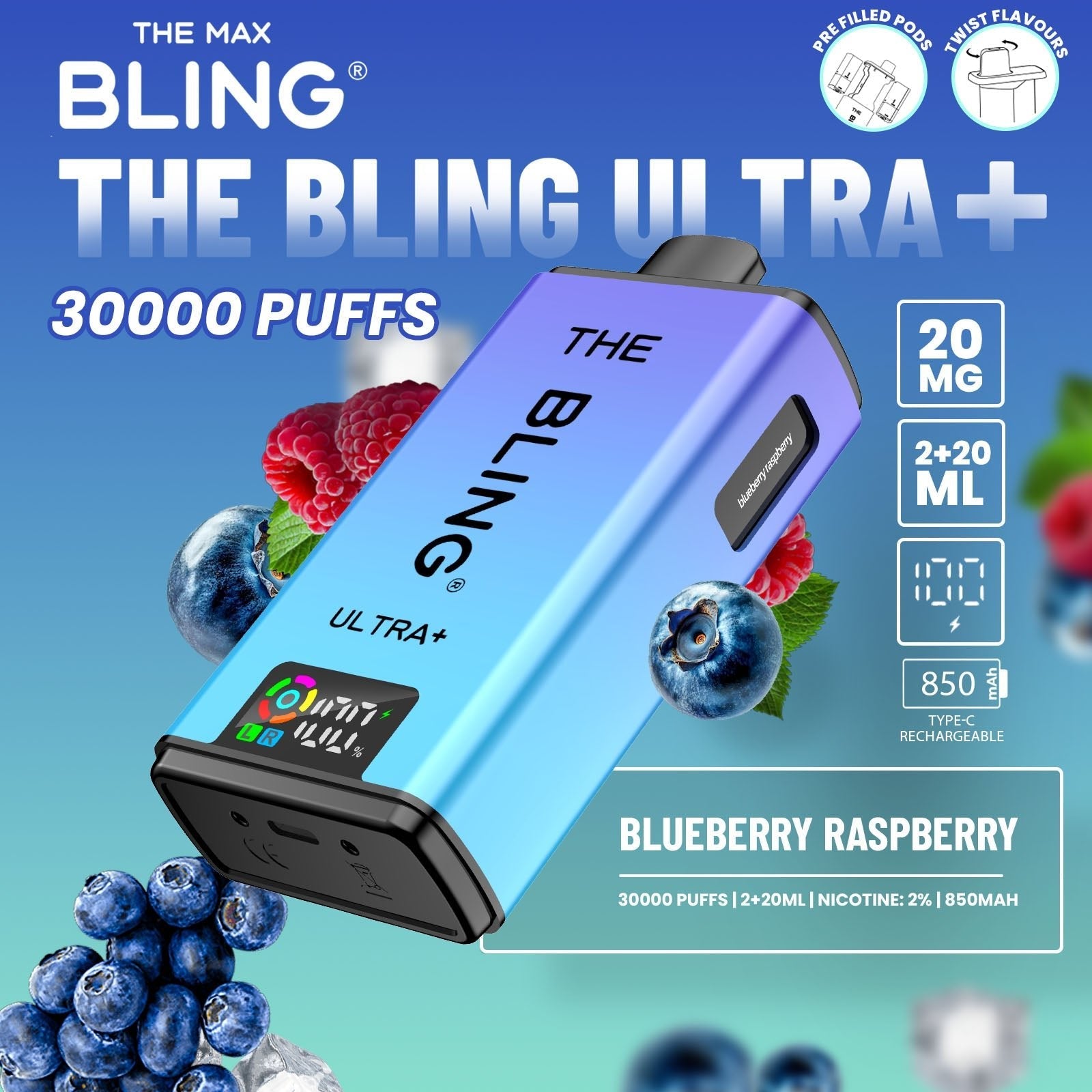 Buy The Bling Ultra Plus 30k Prefilled Vape Pod Kit Box of 5 Blueberry Raspberry