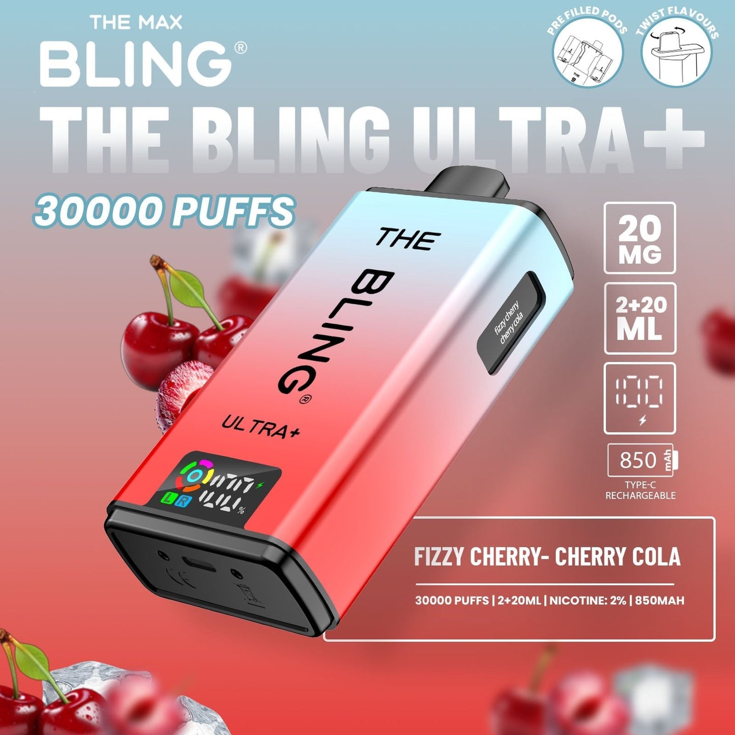 Buy The Bling Ultra Plus 30k Prefilled Vape Pod Kit Box of 5 Fizzy Cherry Cherry Cola