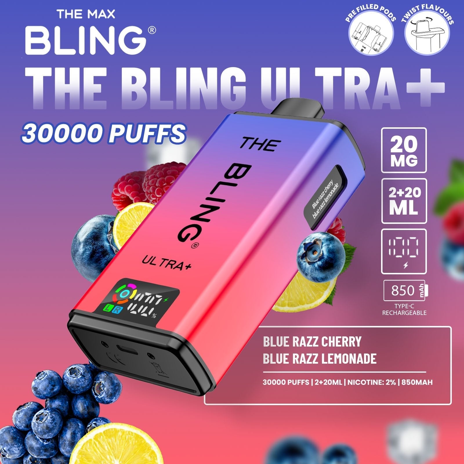 Buy The Bling Ultra Plus 30k Prefilled Vape Pod Kit Box of 5 Blue Razz Cherry Blue Razz Lemonade