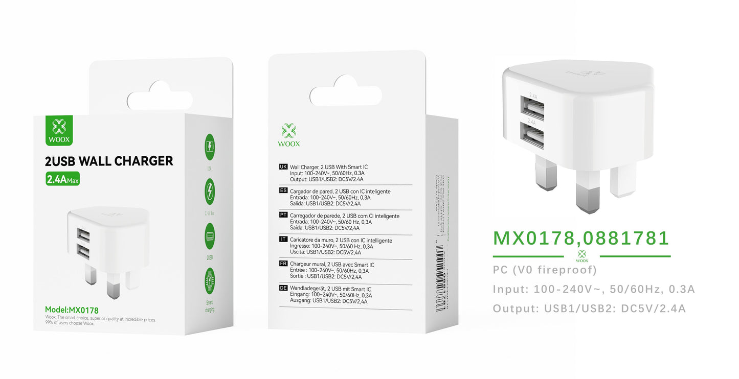 Buy Woox MX0178 UK Dual USB 2.4A Wall Charger without cable, White