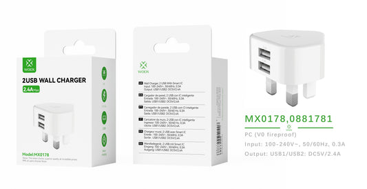 Buy Woox MX0178 UK Dual USB 2.4A Wall Charger without cable, White